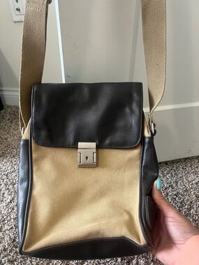 Canvas and Leather Crossbody Bag in Tan and dark brown